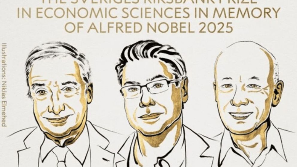 Joel Mokyr, Philippe Aghion y Peter Howitt, respectivamente