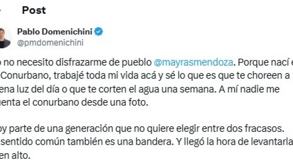 Cruce twittero entre Pablo Domenichini y Mayra Mendoza: “Yo no necesito disfrazarme de pueblo”