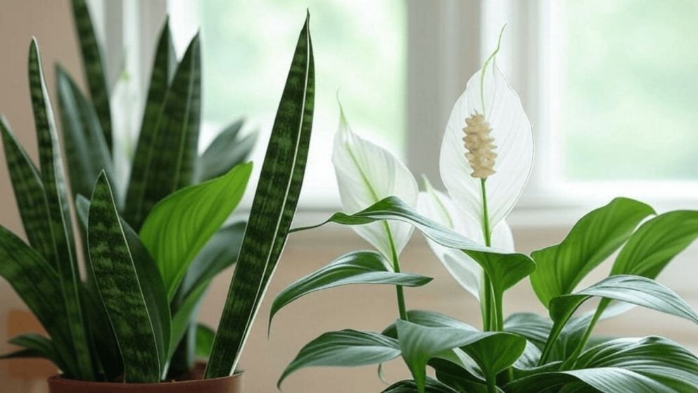 Sansevieria y lirio de la paz (Grok)