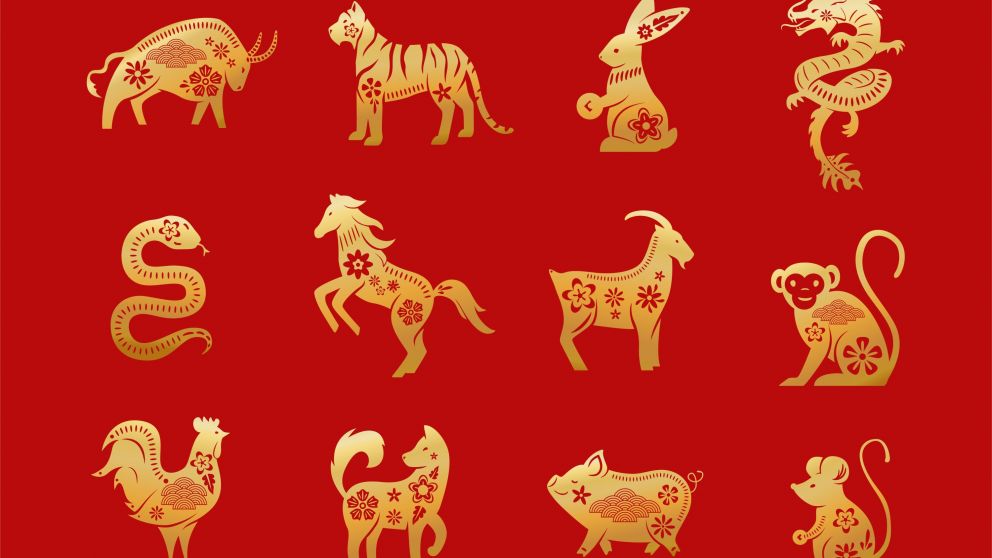 Chinese zodiac animals. Twelve asian new year golden characters set isolated on red background. Vector illustration of astrology calendar horoscope symbols.