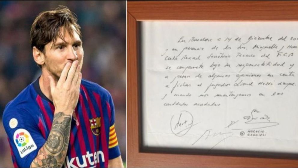Subastan la servilleta con el primer contrato de Lionel Messi y Barcelona