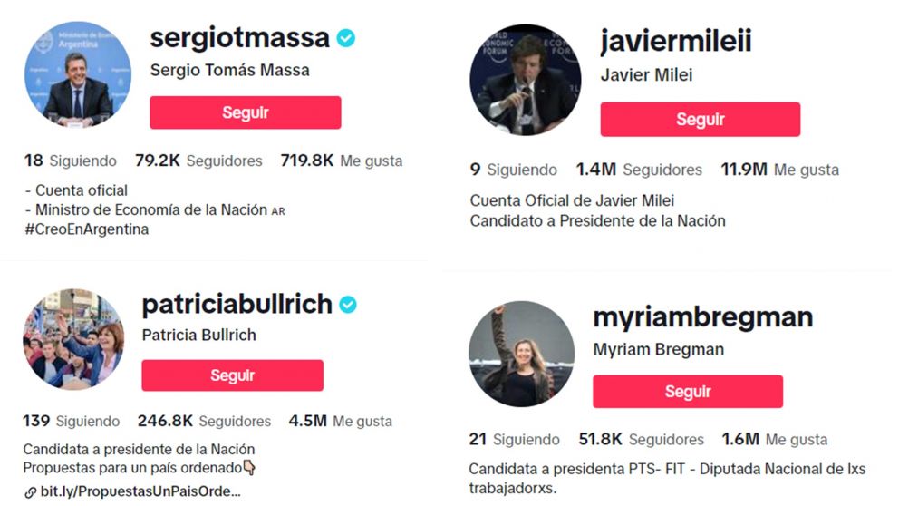Milei, Massa, Bullrich y Bregman usan TIkTok, sólo Juan Schiaretti no tiene cuenta
