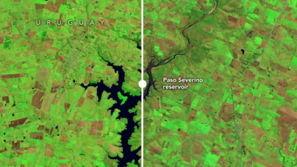 Las imágenes satelitales fueron sacadas a un año de diferencia, para mostrar el efecto de la sequía. FOTO: La NASA