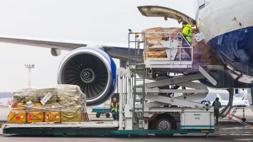 Loading cargo into the aircraft before departure in Domodedovo airport in Moscow Russia