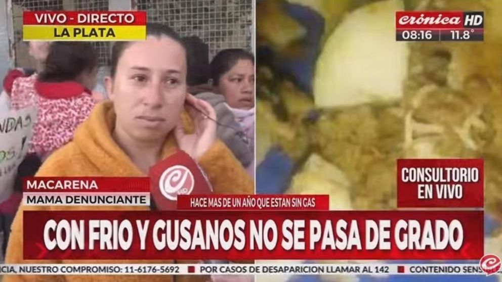 La mamá de un alumno de la escuela 35 de Los Hornos, partido de La Plata, habló con Crónica HD sobre la comida que reciben los chicos (Captura de pantalla).