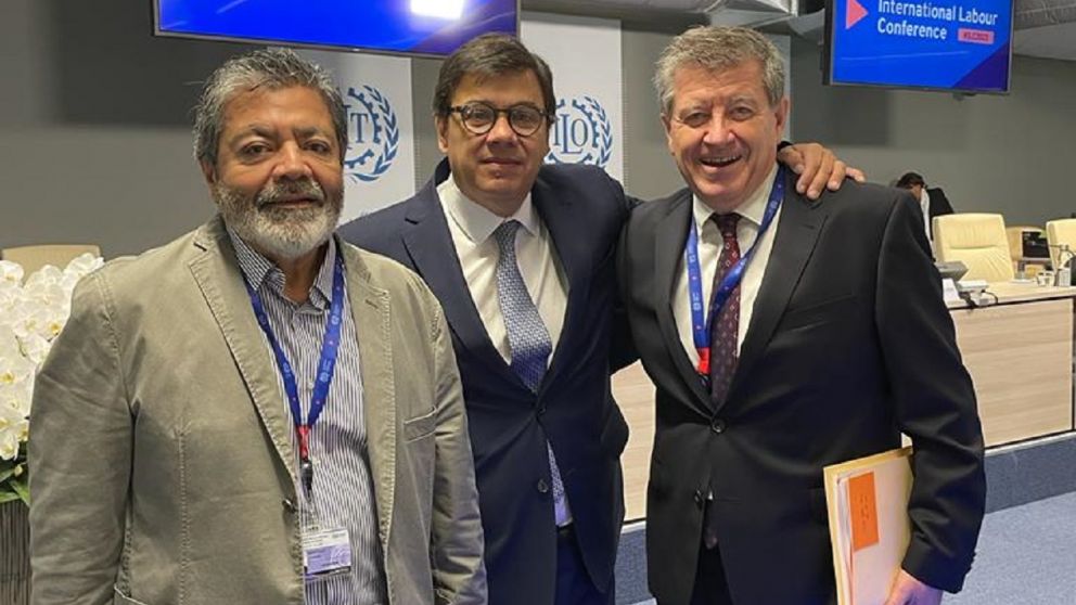 Gerardo Martínez, Claudio Moroni y Guy Ryder en la OIT semanas atrás