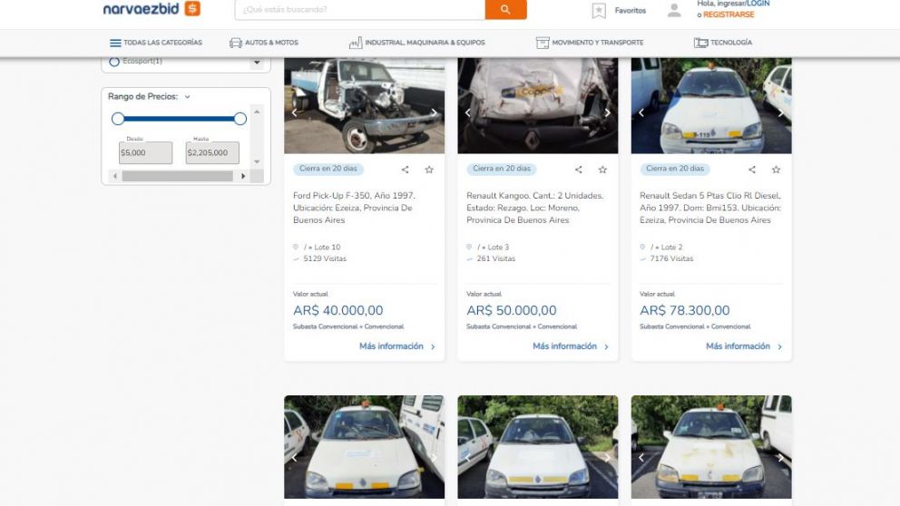 Los autos en remate del sitio Narvaezbid