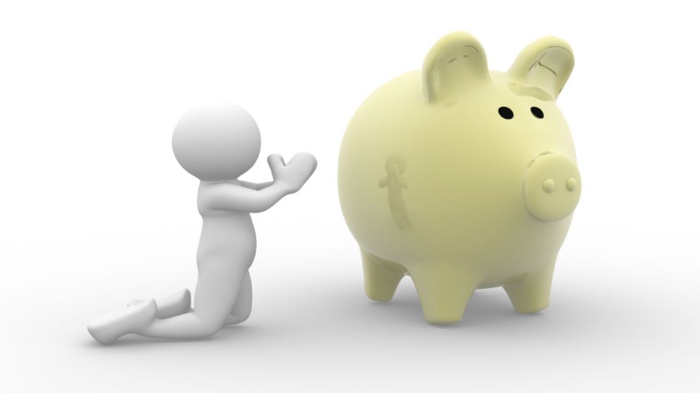 3d people - man, person praying at piggy bank - bankrupt.
