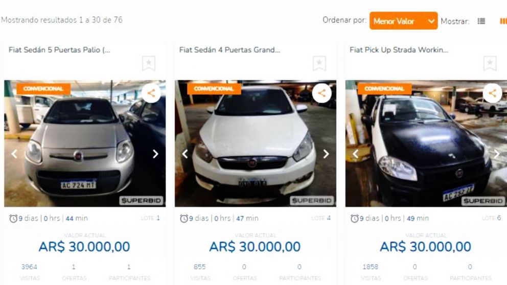 El vehículo de menor valor es un Fiat Palio con una oferta inicial de $30.000