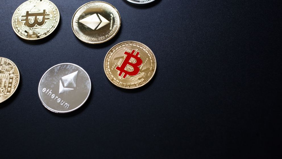 cryptocurrencies concept - bitcoin, litecoin, ethereum