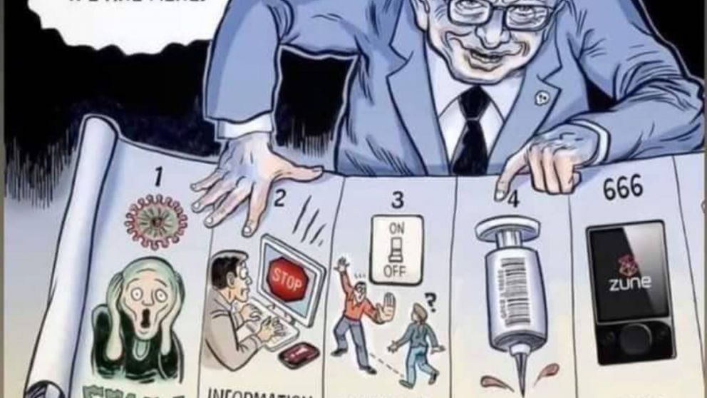 La caricatura muetra a Gates con un plan durante la pandemia y finaliza con el lanzamiento de un mp3 creado por el