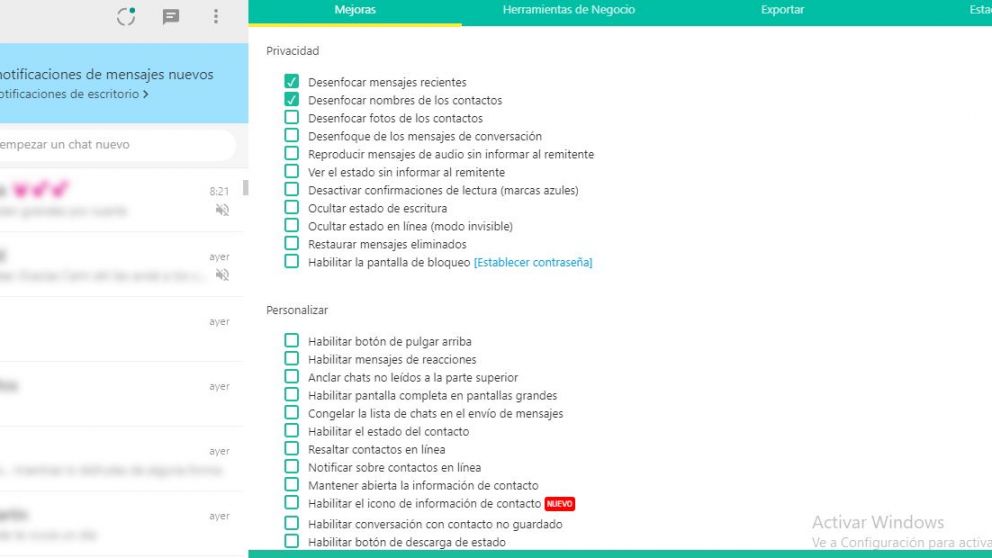 Una vez ejecutada la extensión se desplegará un menú de opciones para ocultar información