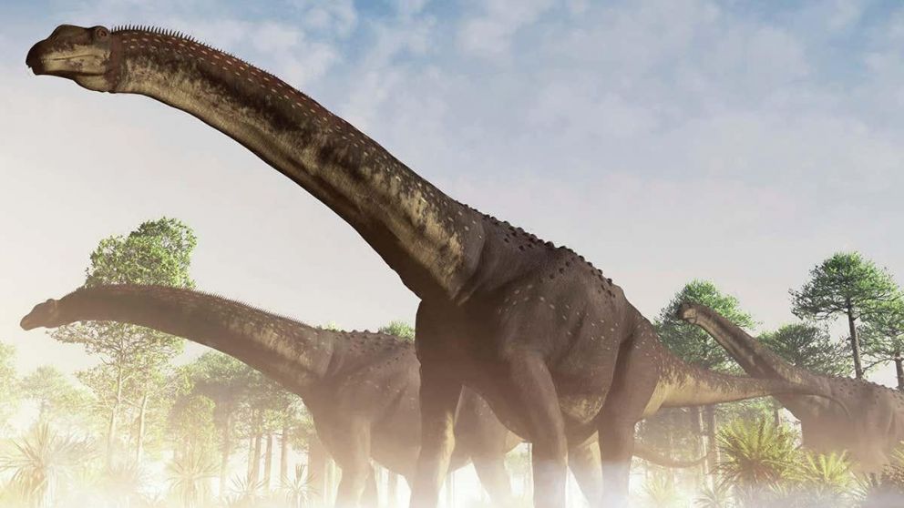 Ilustración de una manada de Argentinosaurus, un tipo de titanosaurio gigantesco