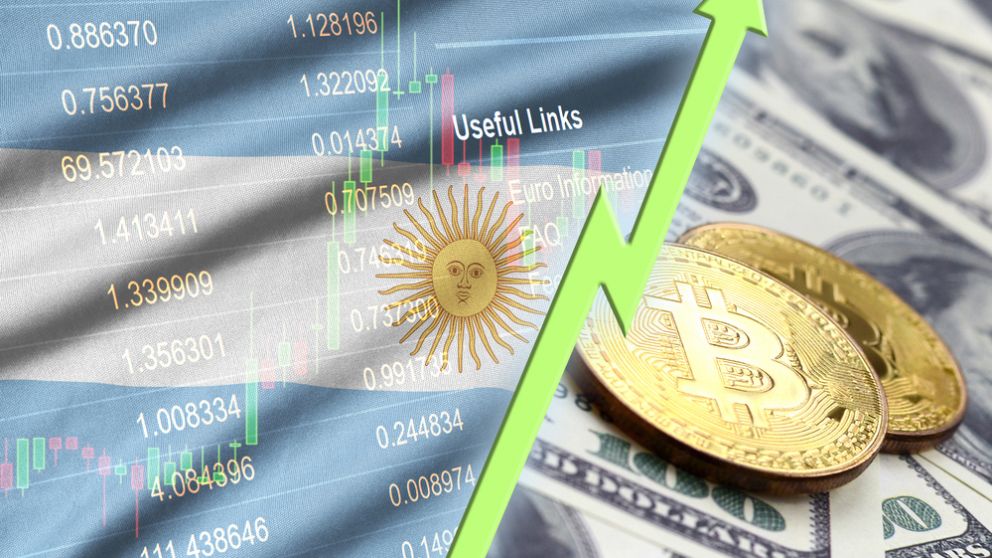 Argentina flag and cryptocurrency growing trend with two bitcoins on dollar bills. Concept of raising Bitcoin in price against the dollar