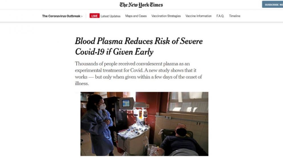 Coronavirus: Los ensayos con plasma convaleciente, destacados por el New York Times