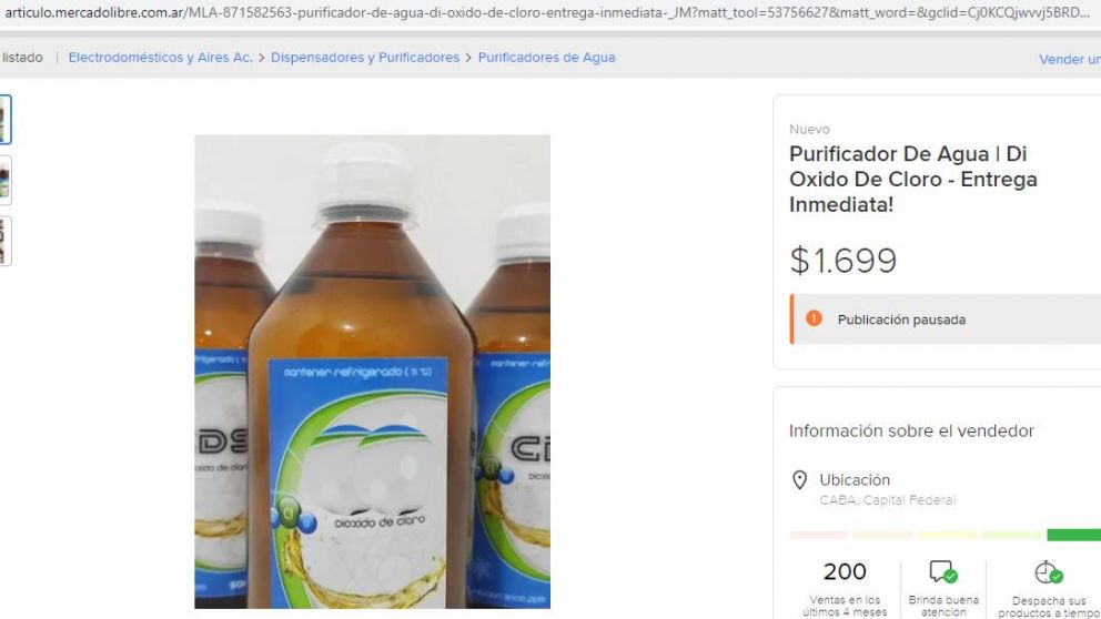 Anmat bloqueó más de 400 ofertas de venta de dióxido de cloro en Internet