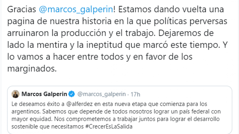 Galperín le envió un mensaje y Alberto "lo cruzó" en Twitter