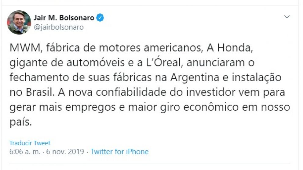 Bolsonaro anunció que MWM, Honda y L'Óreal cierran sus fábricas en Argentina y se mudan a Brasil