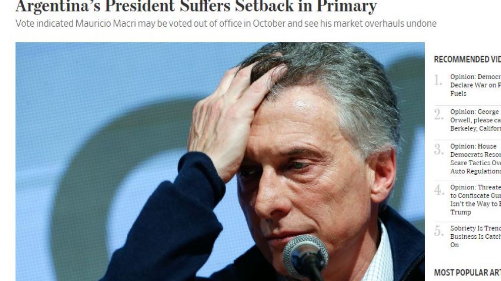 "El presidente de Argentina sufre revés en primaria", tituló The Wall Street Journal