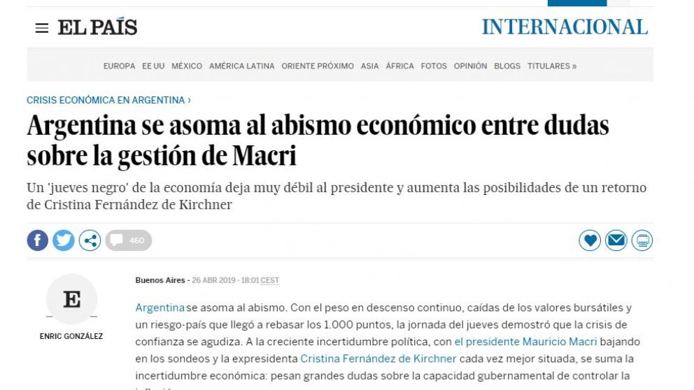 "Argentina se asoma al abismo", dice El Pa�s de Espa�a