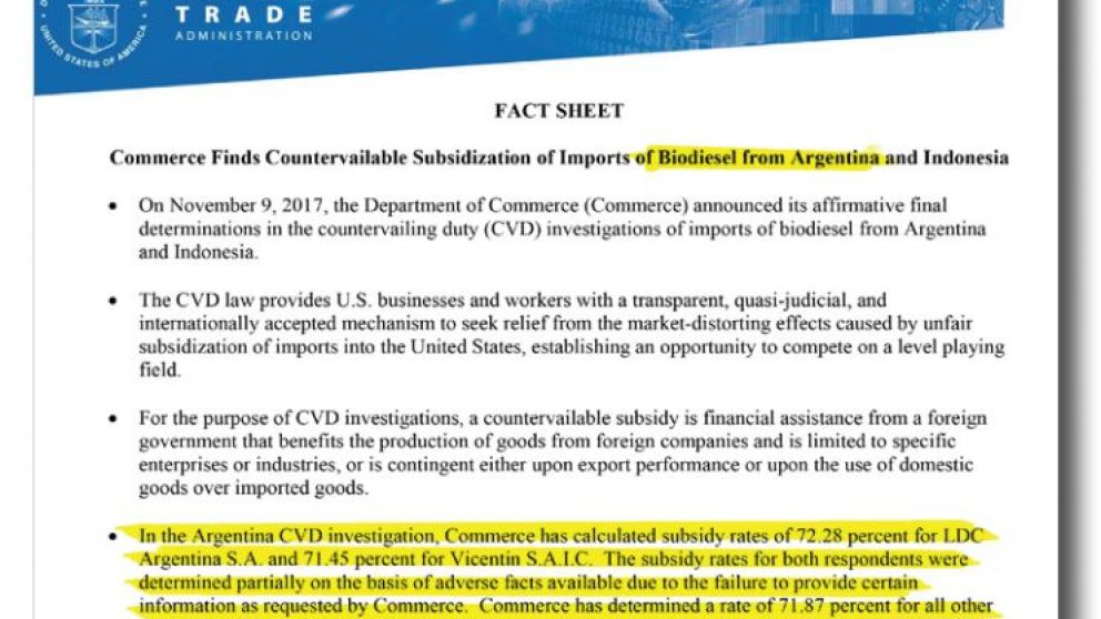 Estados Unidos confirmó el
cierre al biodiésel argentino