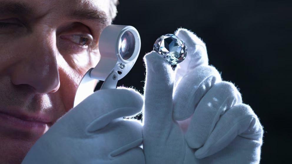 Un joyero examina una piedra bajo la lupa, en un mercado donde distinguir origen y valor ya no resulta evidente a simple vista