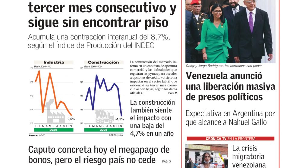La industria no encuentra piso y Venezuela libera presos políticos: los temas del día en BAE Negocios