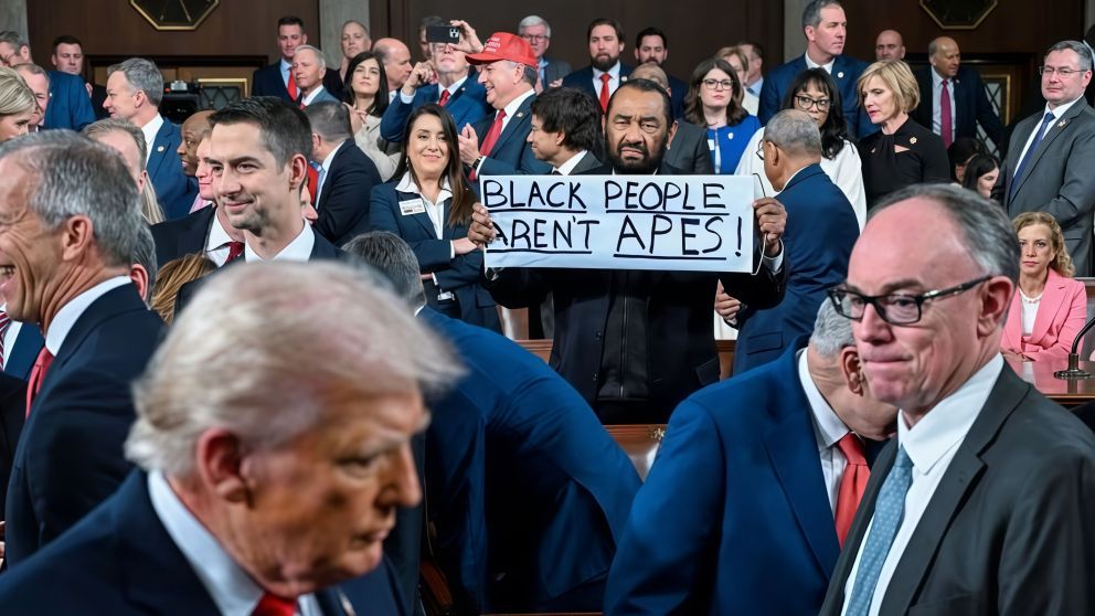 Al Green sostiene un cartel con la frase "Las personas negras no son simios" durante el discurso del Estado de la Unión de Donald Trump