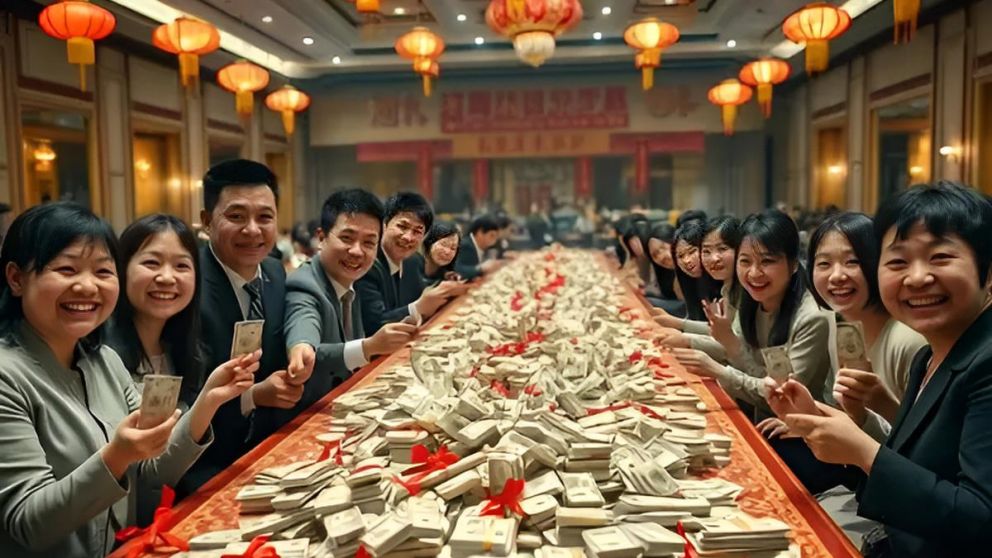 Más de 60 millones de yuanes quedaron apilados sobre 800 mesas, frente los empleados