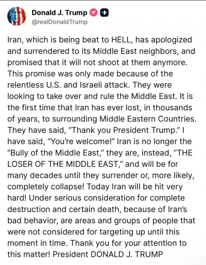 El mensaje de Donald Trump en su cuenta de la red social Truth