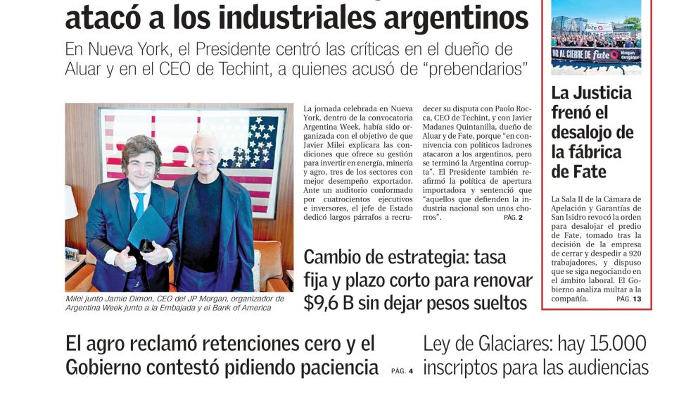 Milei busca inversores en NY mientras la industria local se estanca: los temas del día en BAE Negocios