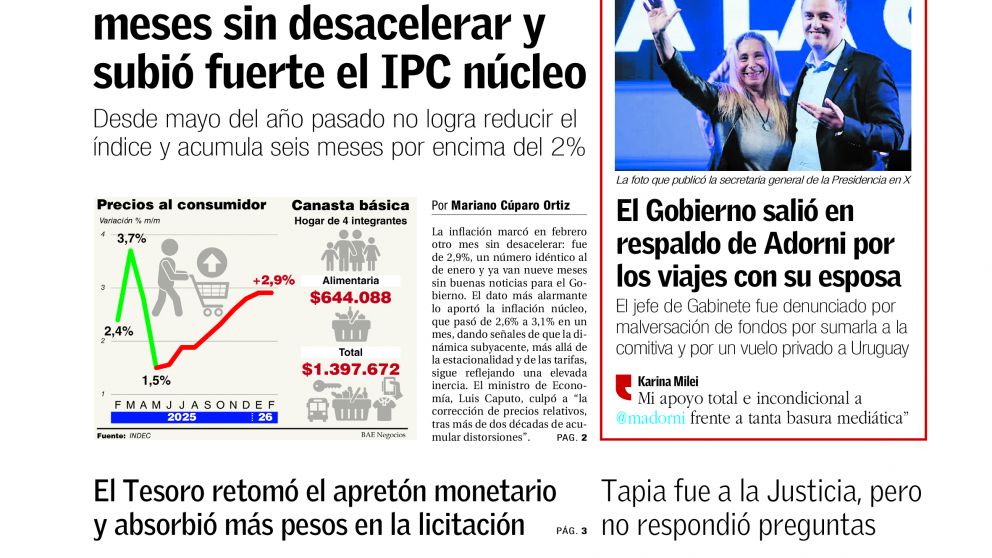 Inflación sin freno, respaldo oficial a Adorni y nueva licitación del Tesoro: los temas del día en BAE Negocios