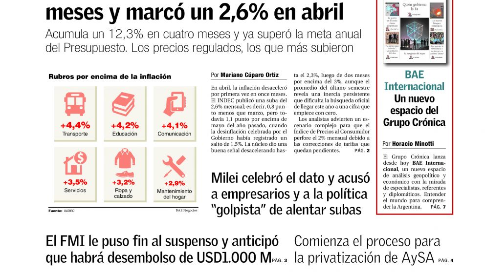 Inflación en baja, nuevas críticas de Milei y respaldo del FMI: los temas del día en BAE Negocios