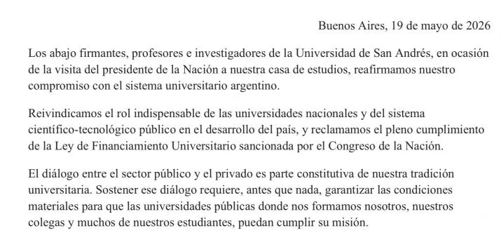 El comunicado de la Universidad de San Andrés reclamando el cumplimiento del financiamiento universitario